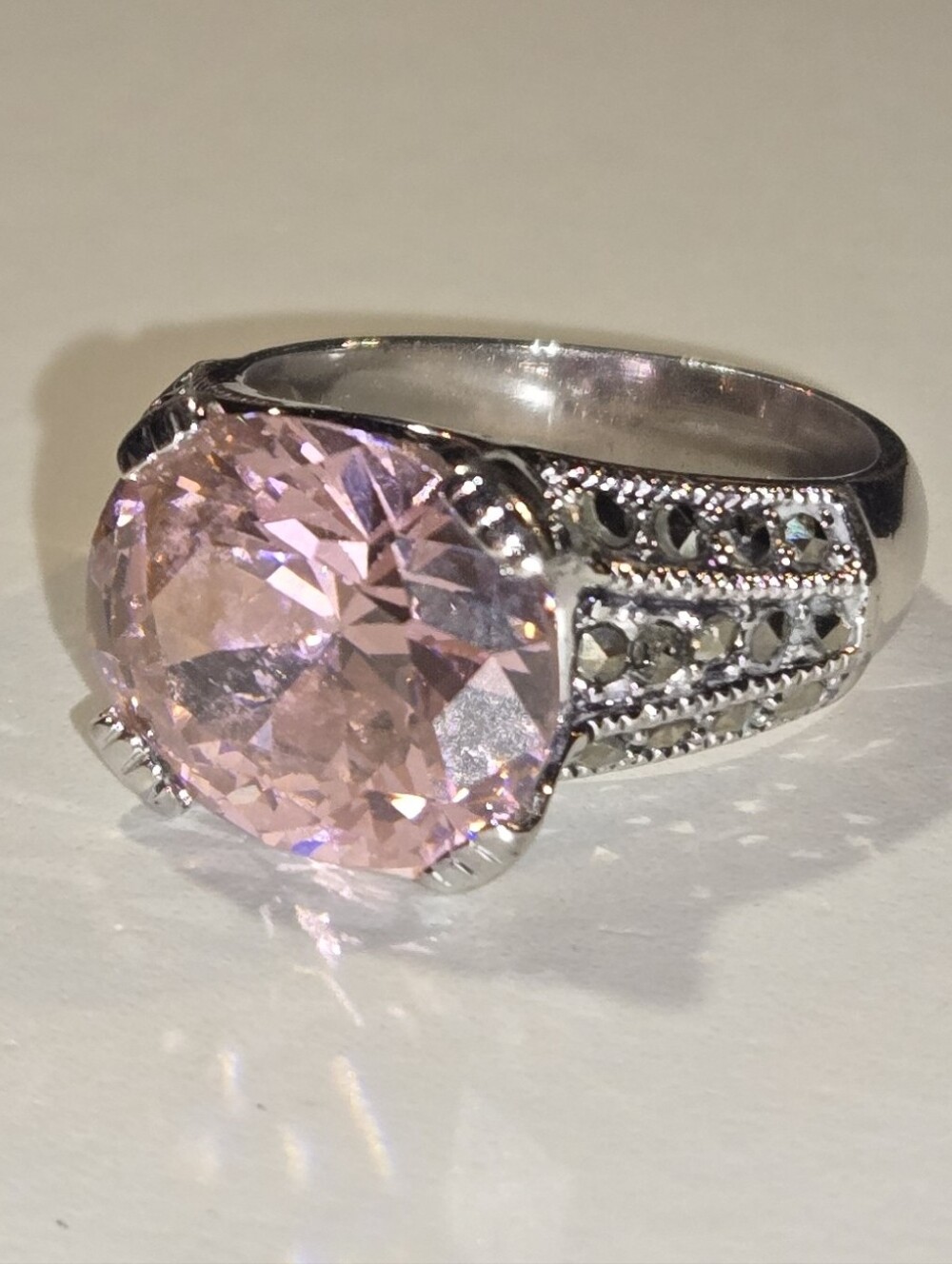 Pink Topaz With Marcasite In Sterling Silver Statement Ring Size 8